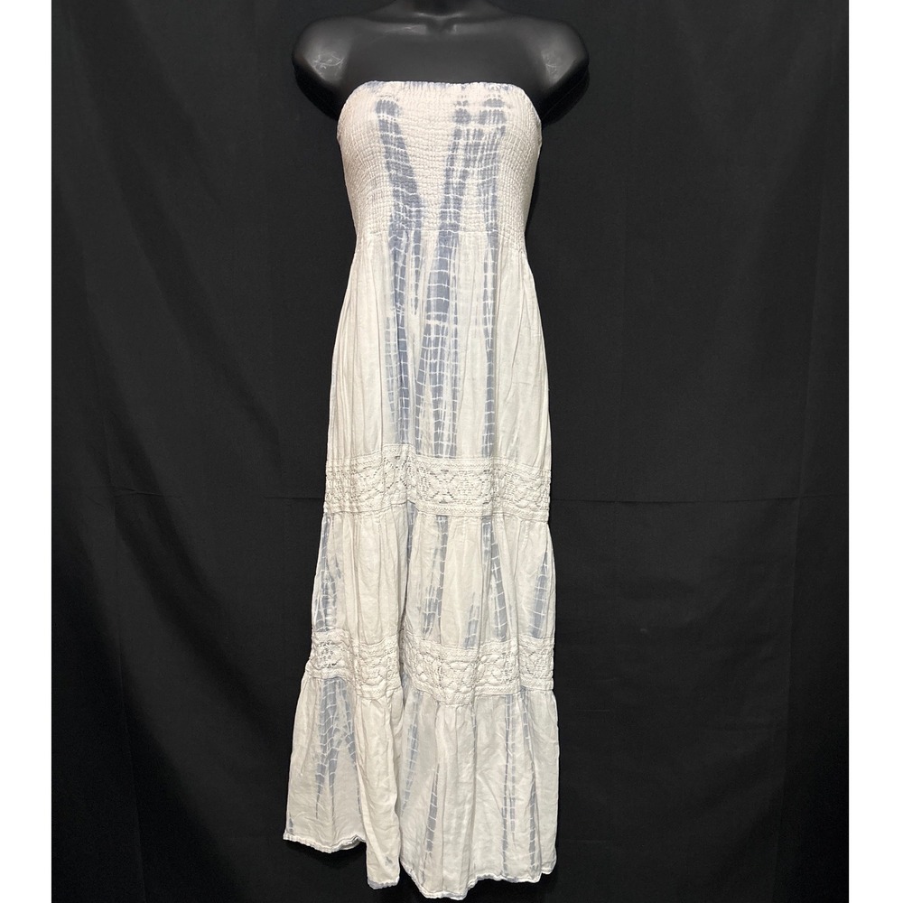 Fashion Force Women Blue White Tie Dye Smocked Cotton Maxi Dress Skirt Large